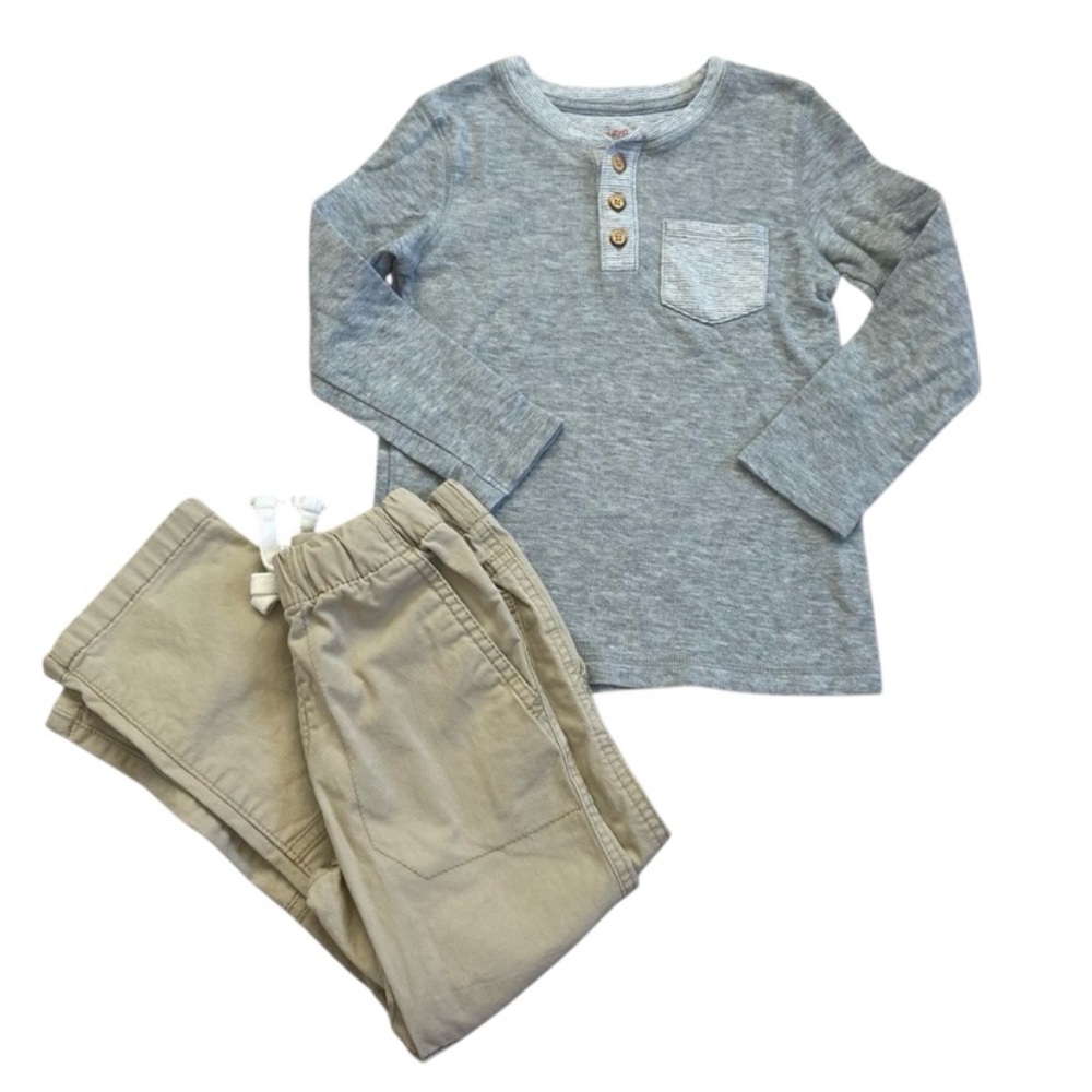 Cat and Jack Boys Gray Long Sleeve Shirt and Tan Pants Set 5T/5‎